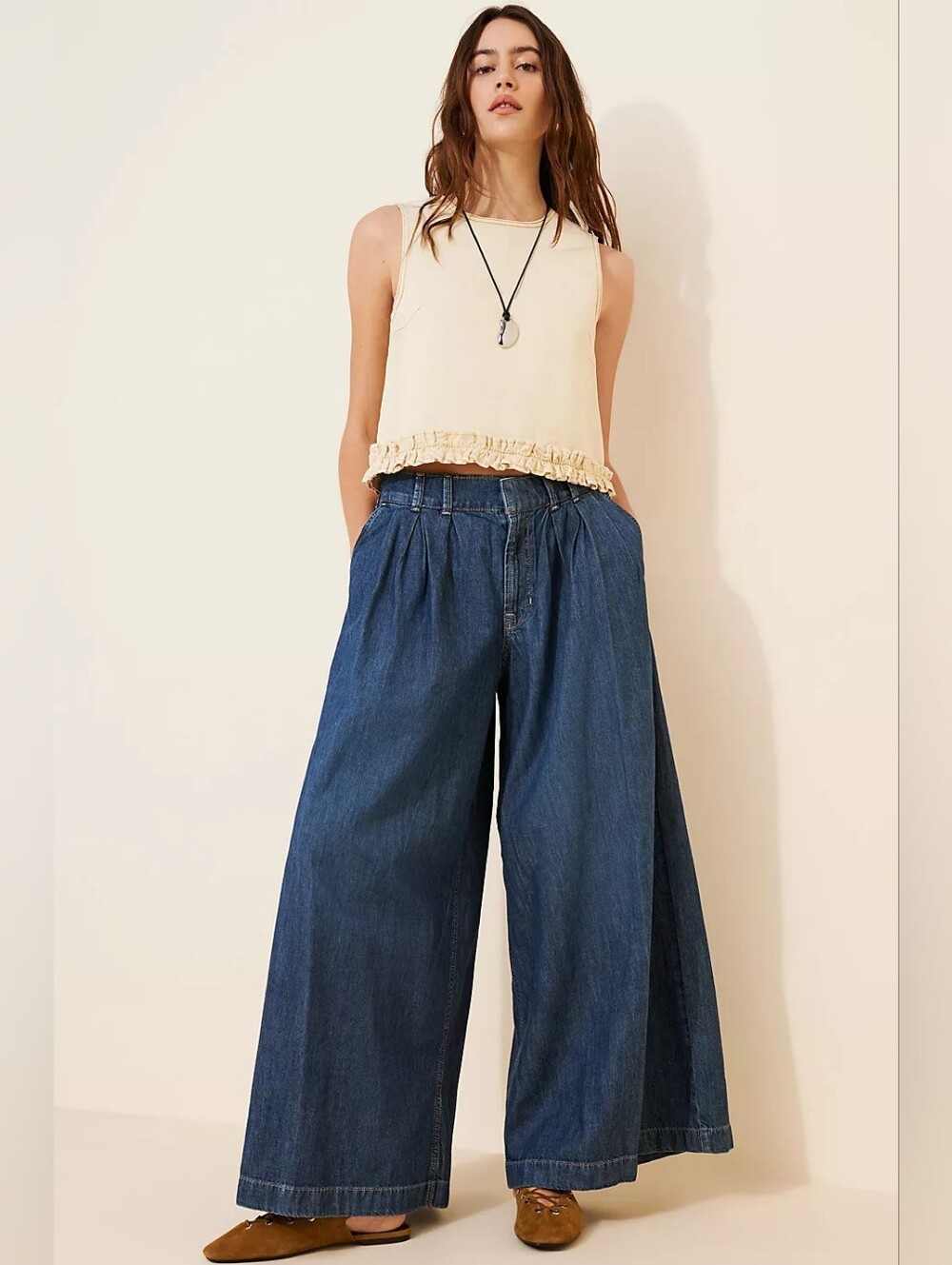 We The Free Scout Wide Leg Jeans Pleated High Rise Denim Blue $148